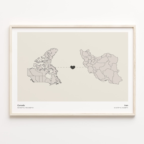 Canada To Iran Minimalist Heart Link Two Country Map Travel Poster