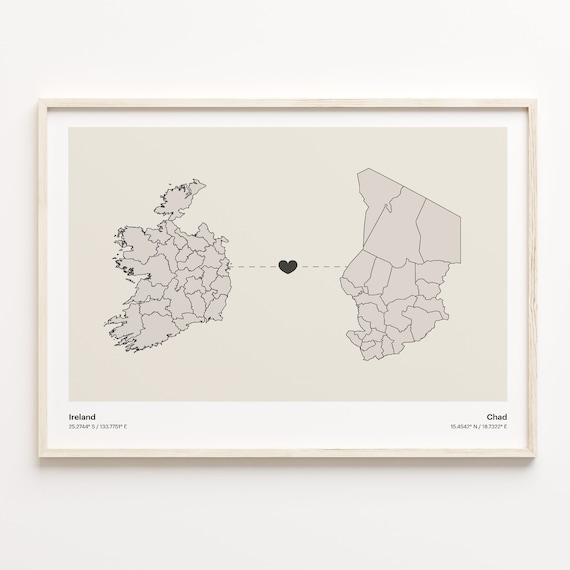 Ireland to Chad Minimalist Heart Connection Map Keepsake Poster