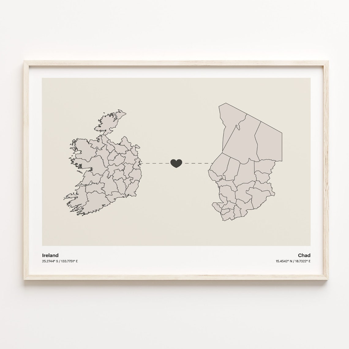 Ireland to Chad Minimalist Heart Connection Map Keepsake Poster