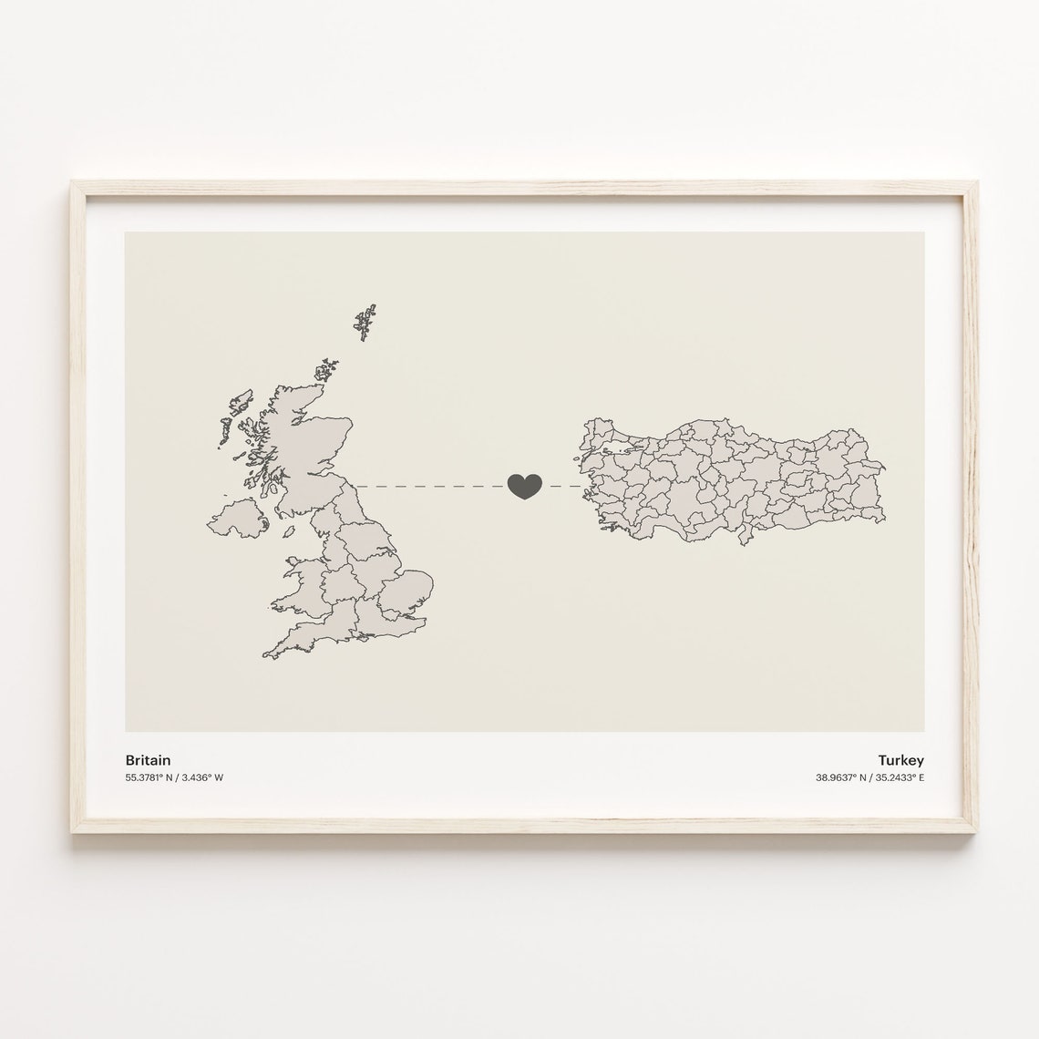 Britain to Turkey Long Distance Minimalist Heart Connection Map Poster