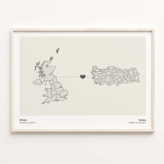 Britain to Turkey Long Distance Minimalist Heart Connection Map Poster