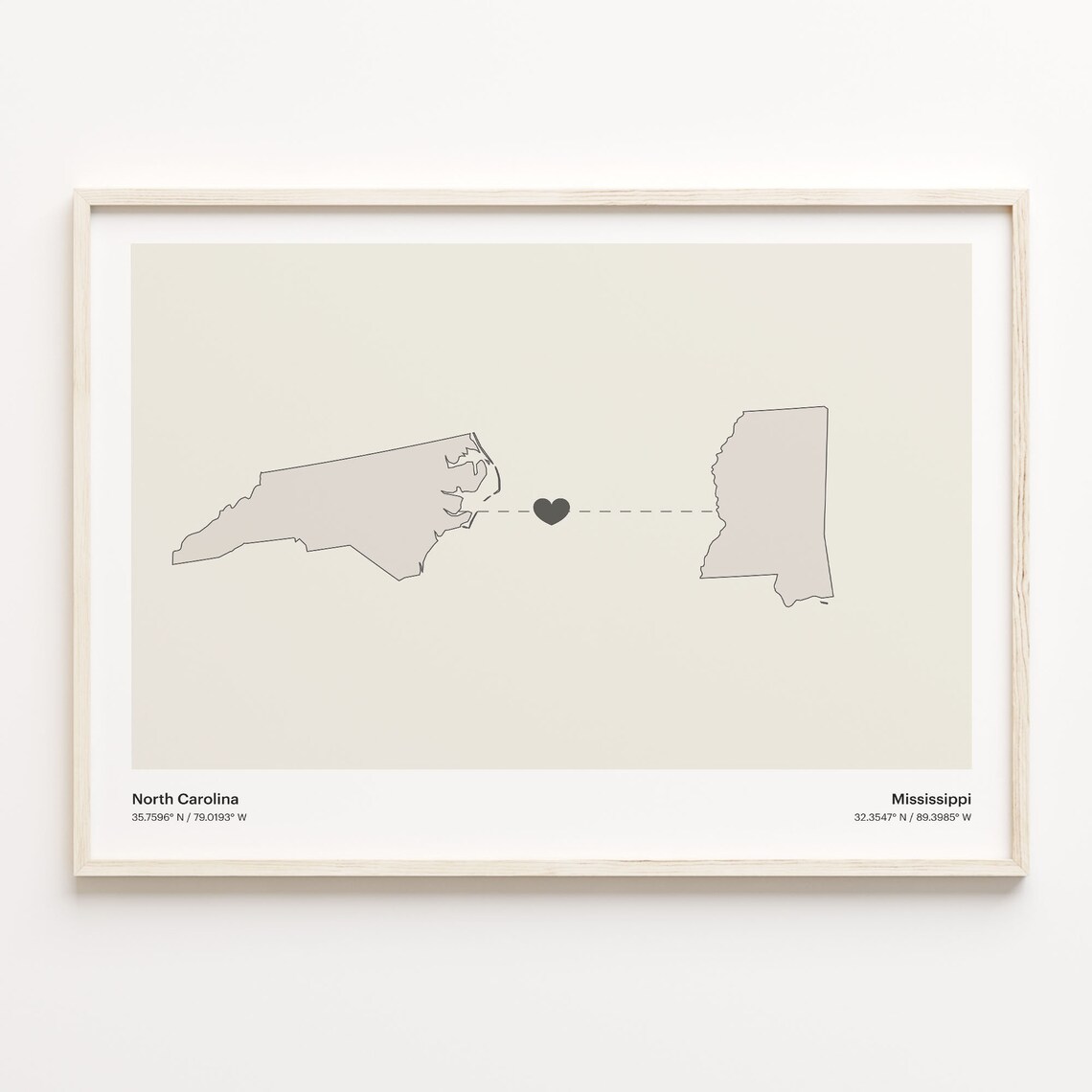 North Carolina Mississippi Beige Minimalist Heart Connection Map Poster