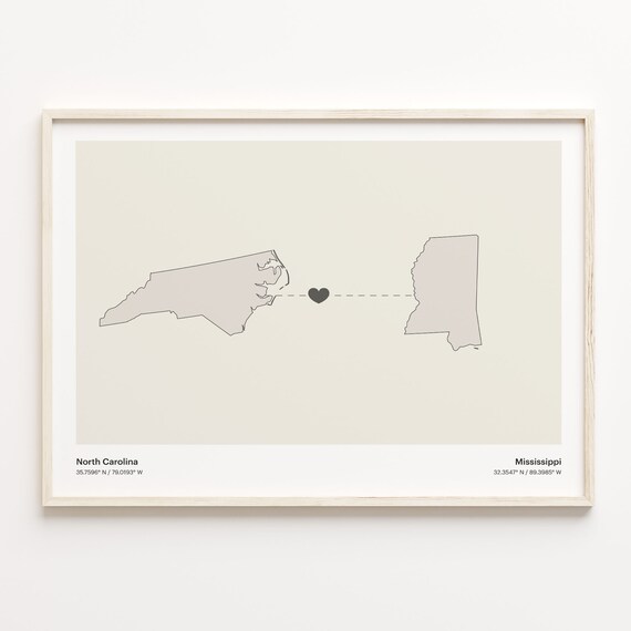 North Carolina Mississippi Beige Minimalist Heart Connection Map Poster