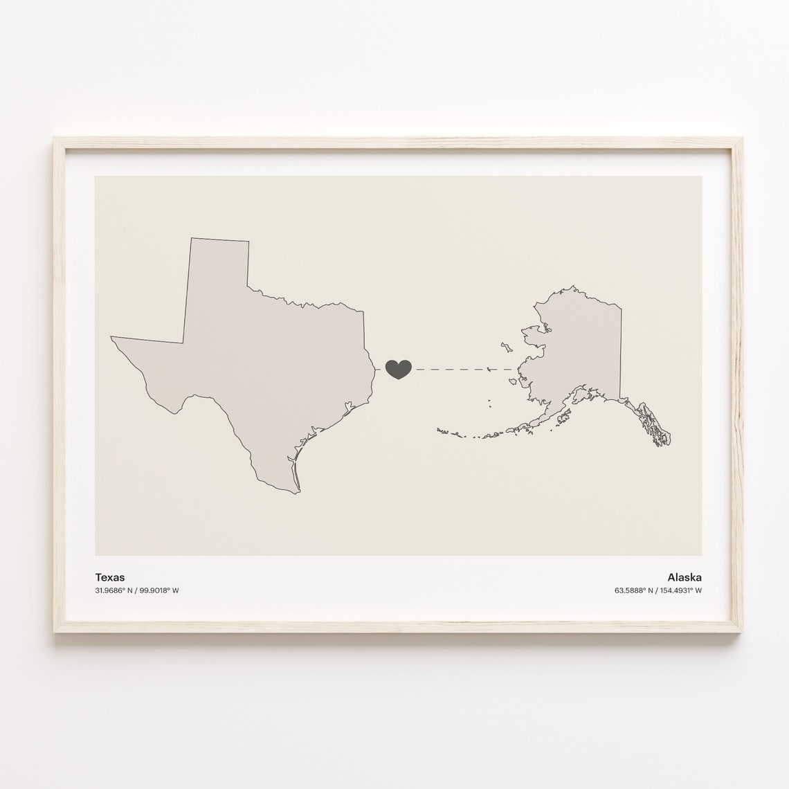 Texas To Alaska Heart Minimalist State Connection Map Poster