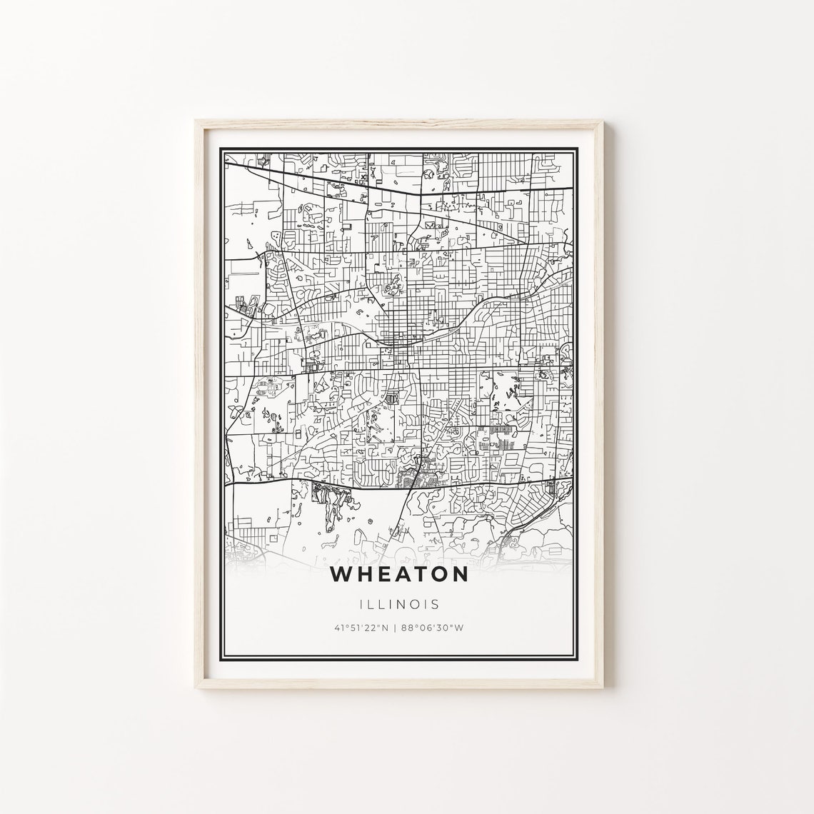 Wheaton Illinois Minimalist Black White City Street Map Art Poster