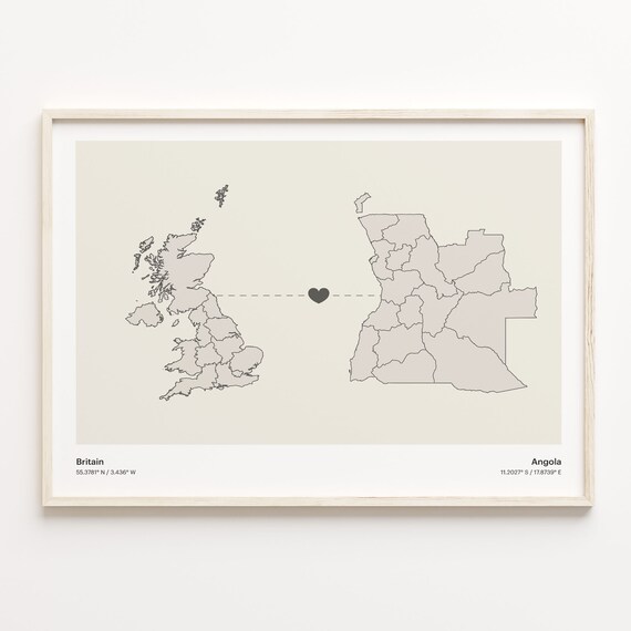 Britain To Angola Minimalist Long Distance Heart Connection Map Poster