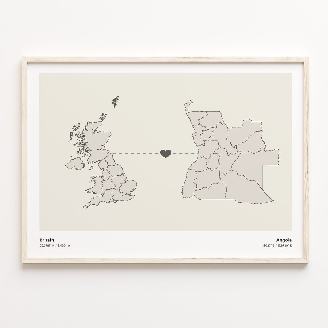 Britain To Angola Minimalist Long Distance Heart Connection Map Poster
