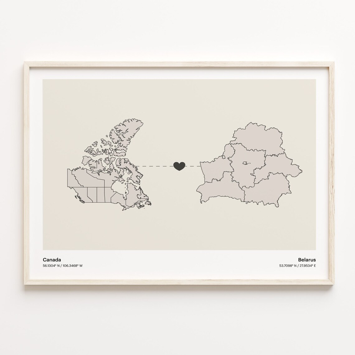 Canada Belarus Country Connection Heart Map Minimalist Art Poster