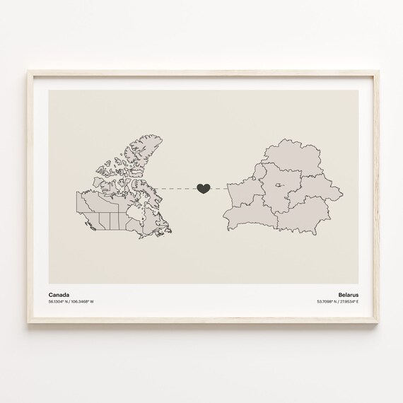Canada Belarus Country Connection Heart Map Minimalist Art Poster