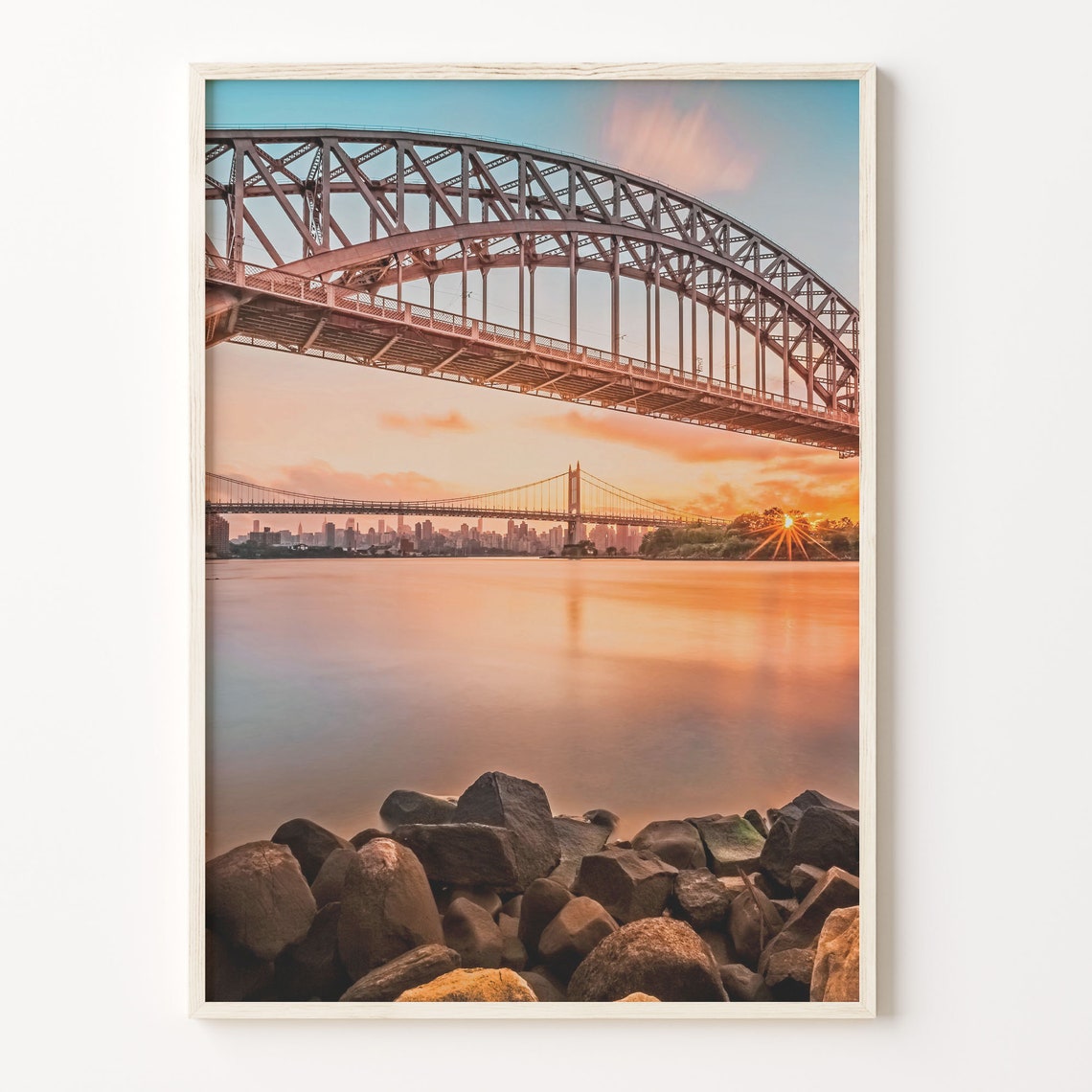 Queens NYC Hell Gate Bridge Sunset Skyline Photography Poster