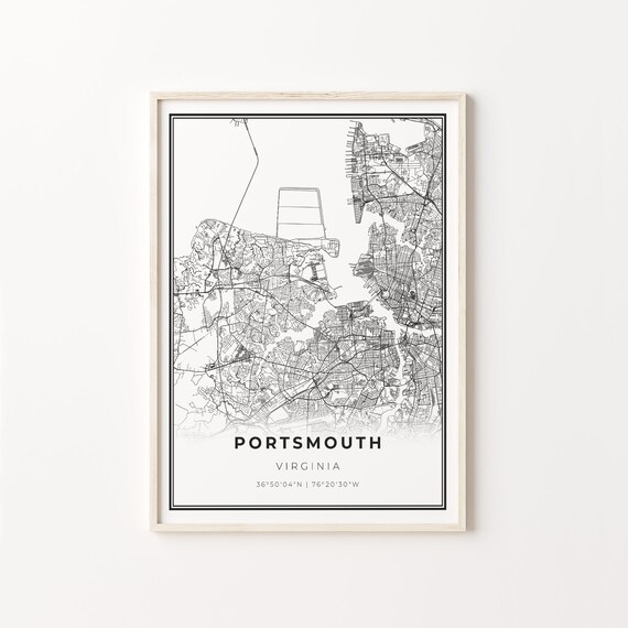Portsmouth Virginia City Map Black White Street Line Art Minimal Poster