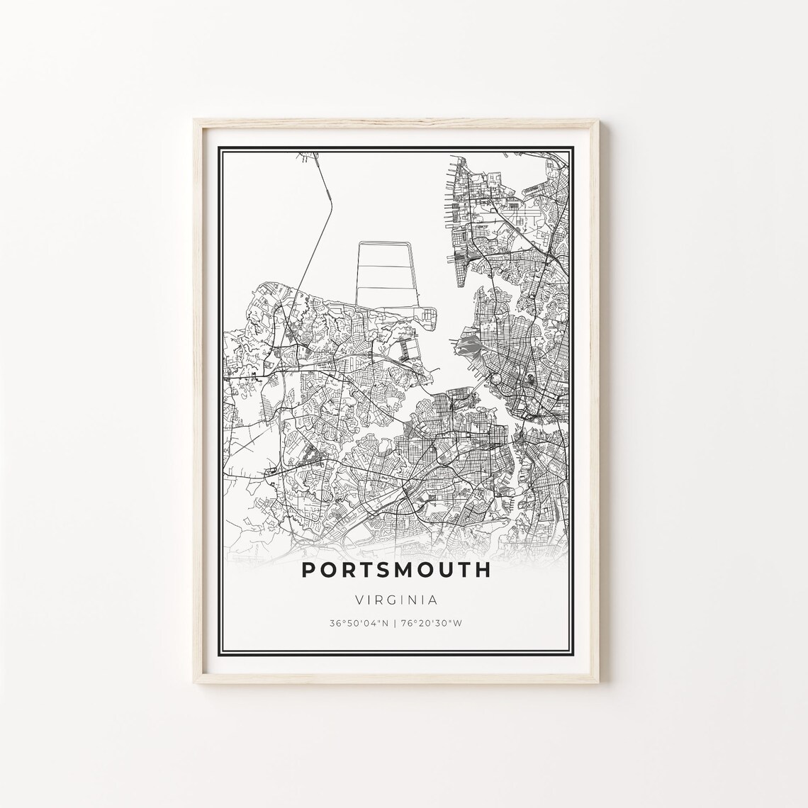 Portsmouth Virginia City Map Black White Street Line Art Minimal Poster