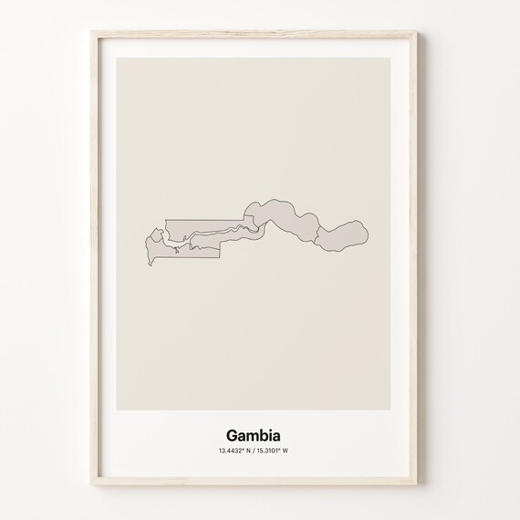 Gambia Beige Minimalist Line Art Country Map Coordinates Poster