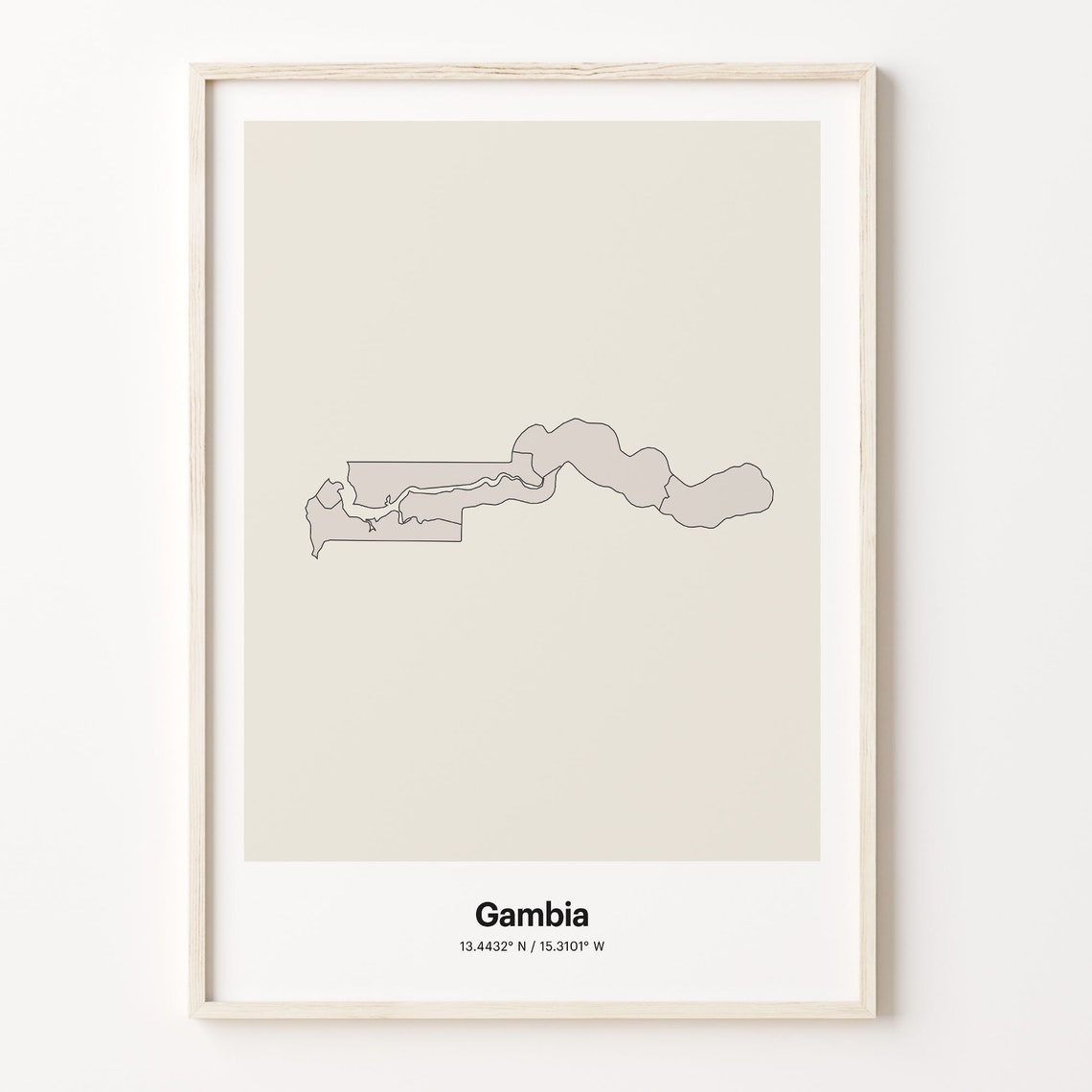 Gambia Beige Minimalist Line Art Country Map Coordinates Poster