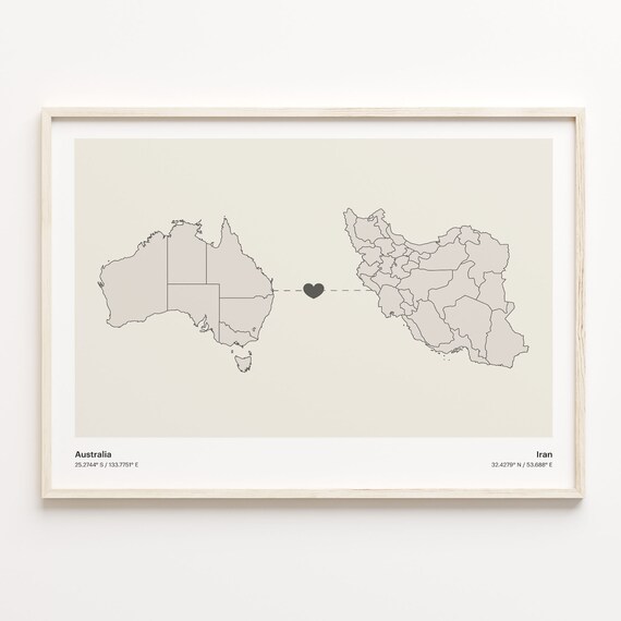 Australia Iran Heart Connection Minimalist Beige Country Maps Poster