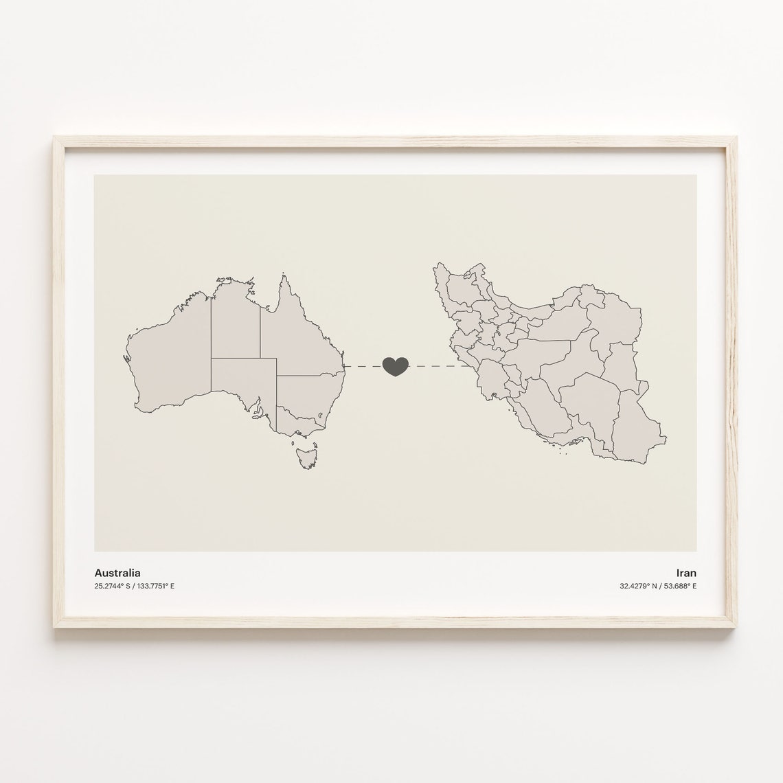 Australia Iran Heart Connection Minimalist Beige Country Maps Poster