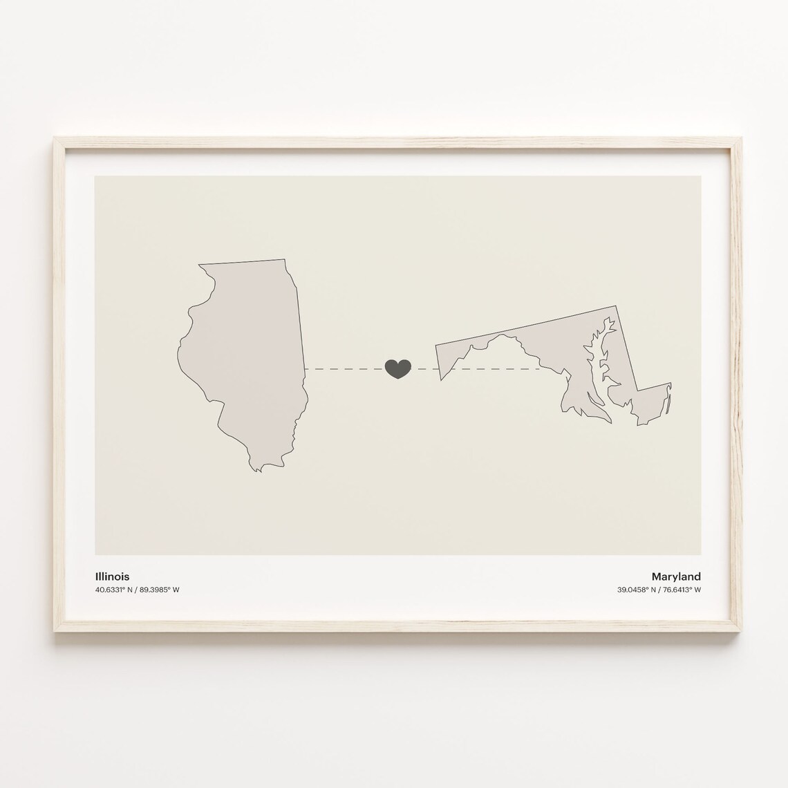 Illinois To Maryland Heart Connection Minimalist State Map Poster