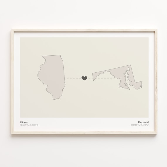 Illinois To Maryland Heart Connection Minimalist State Map Poster