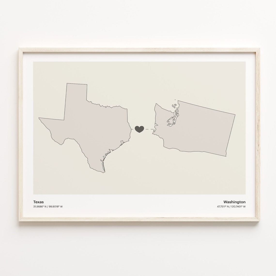 Texas To Washington Minimalist Heart Map Long Distance Love Poster