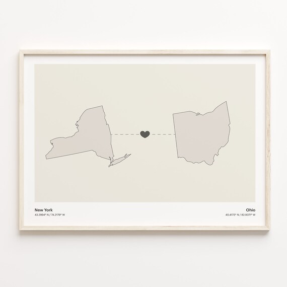 New York to Ohio Heartfelt Long Distance Connection Map Poster