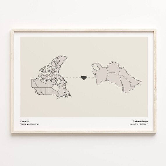 Canada to Turkmenistan Minimalist Heart Connection Map Poster