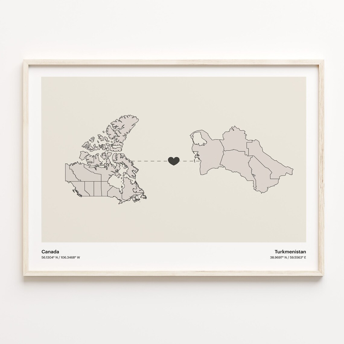 Canada to Turkmenistan Minimalist Heart Connection Map Poster