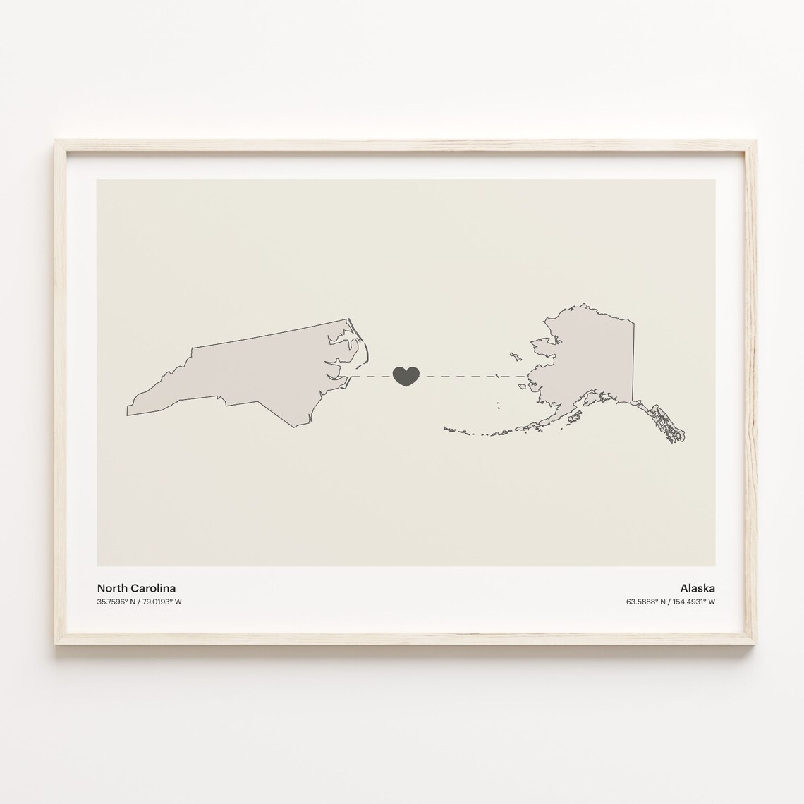 North Carolina to Alaska Minimalist Long Distance Connection Map Poster