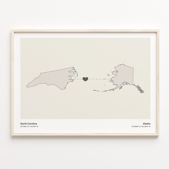 North Carolina to Alaska Minimalist Long Distance Connection Map Poster