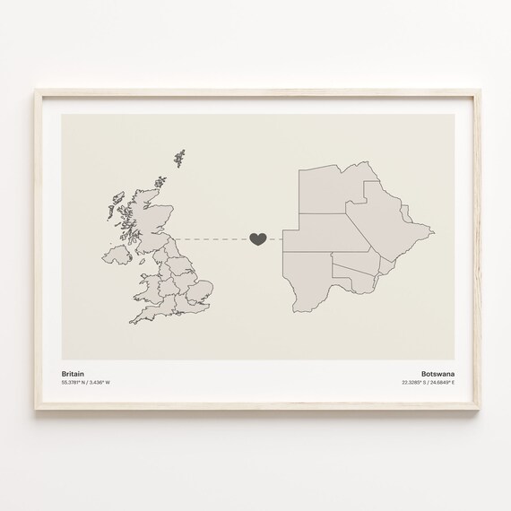 Britain To Botswana Minimalist Heart Map Connection Gift Poster