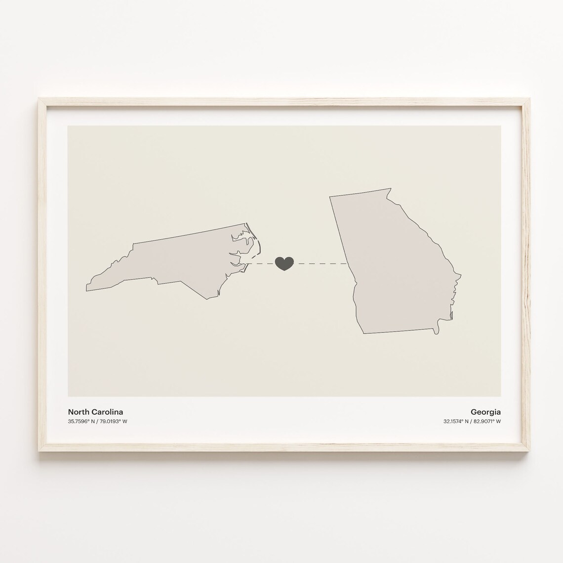 North Carolina to Georgia Long Distance Heart Connection Map Poster