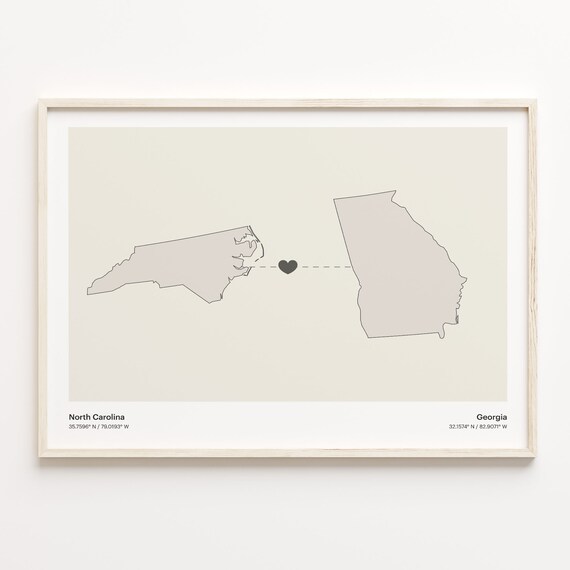 North Carolina to Georgia Long Distance Heart Connection Map Poster