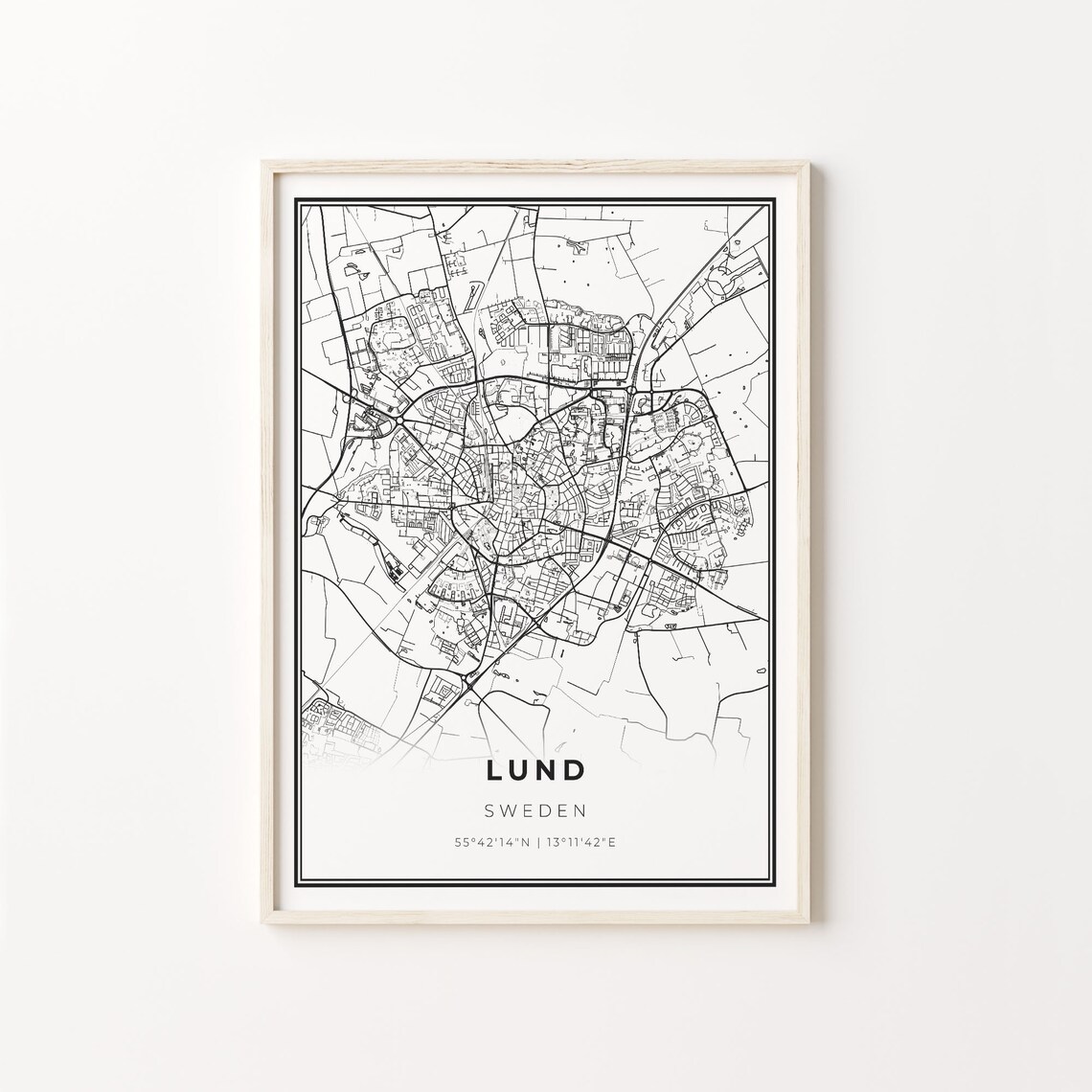 Lund Sweden Charming Minimalist Black Line City Map Wall Art