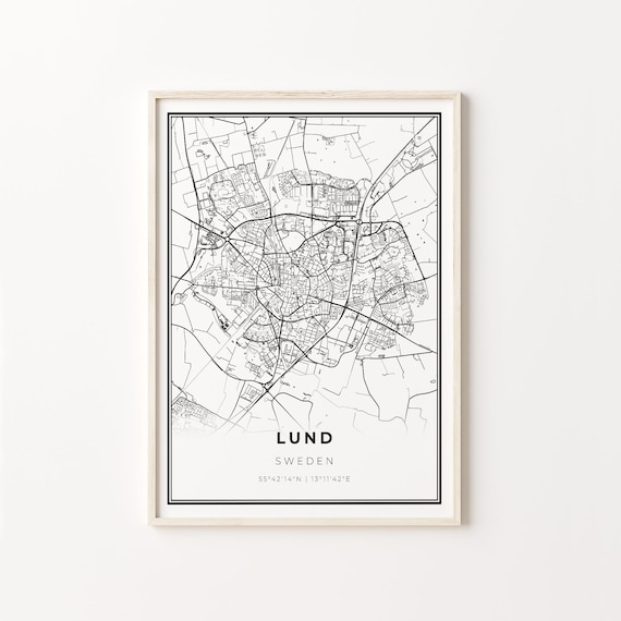 Lund Sweden Charming Minimalist Black Line City Map Wall Art