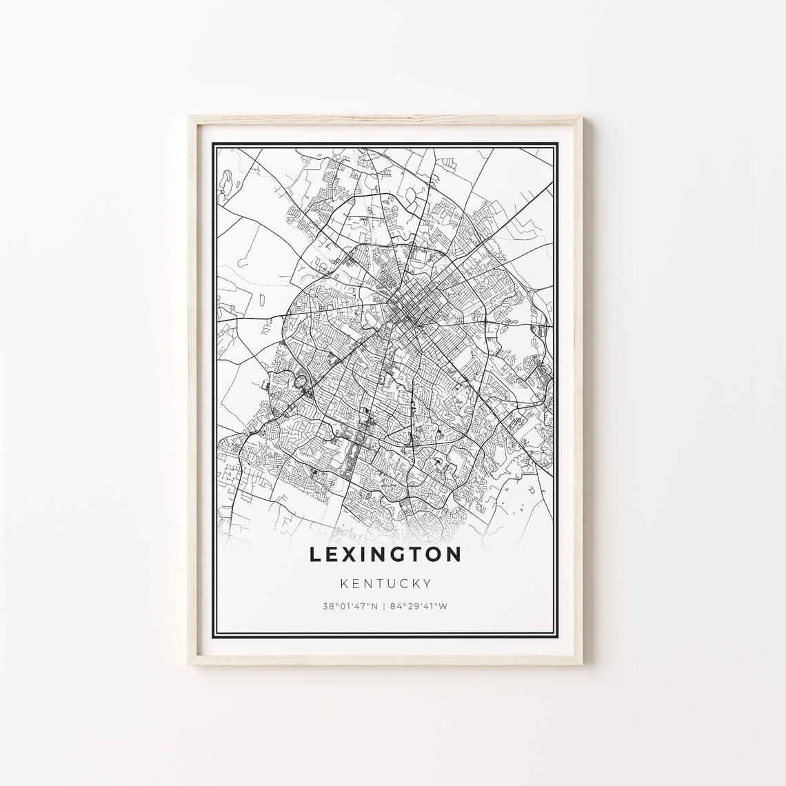 Lexington City Map Art Poster, Modern Black and White