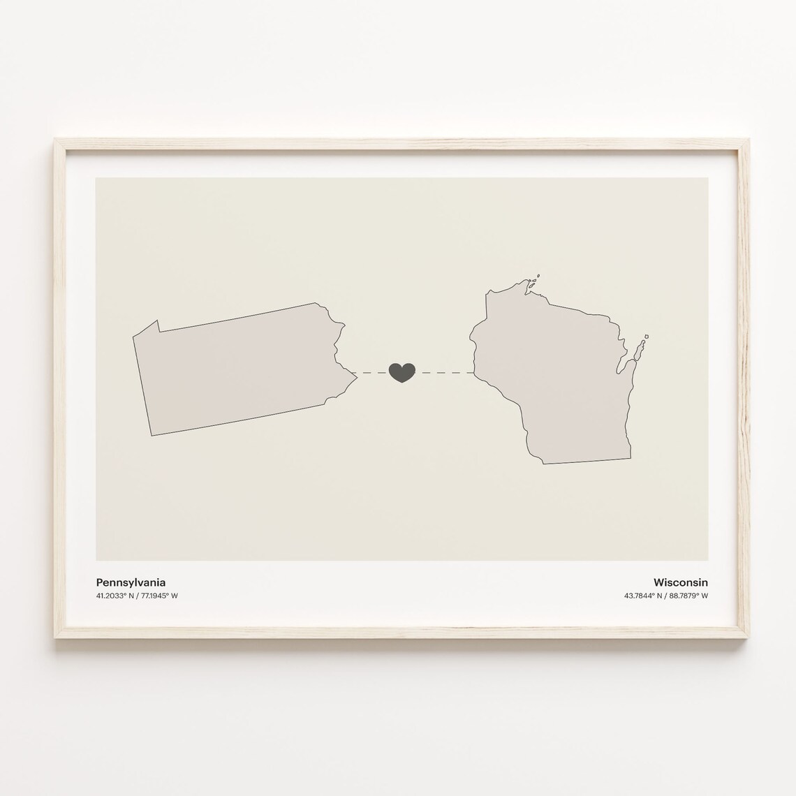 Pennsylvania to Wisconsin Heartfelt Long Distance Connection Map Poster