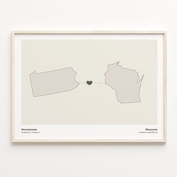 Pennsylvania to Wisconsin Heartfelt Long Distance Connection Map Poster