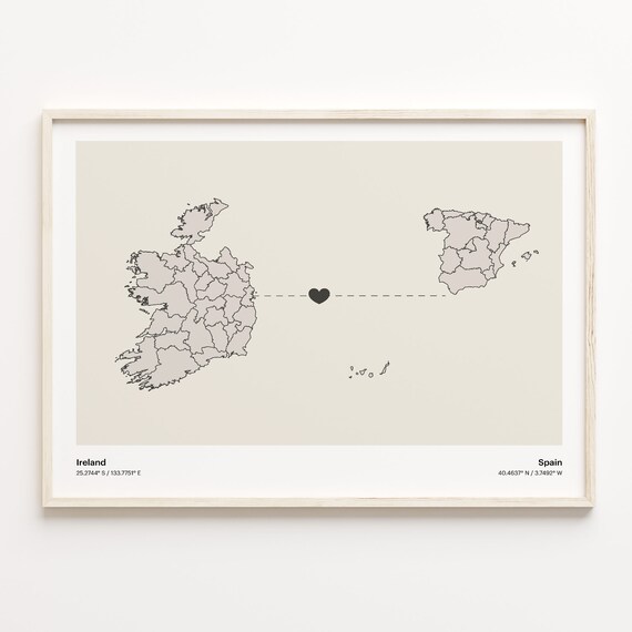 Ireland and Spain Couple Long Distance Love Heart Map Poster