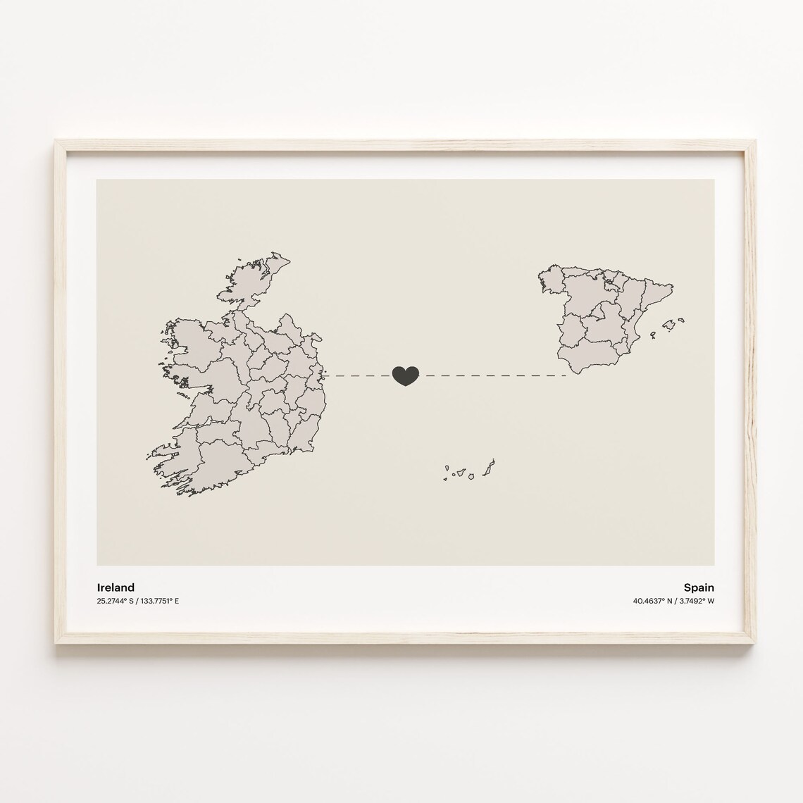 Ireland and Spain Couple Long Distance Love Heart Map Poster