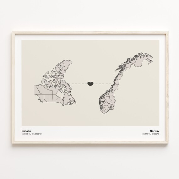 Canada Norway Heart Connection Map Minimalist Long Distance Gift Poster