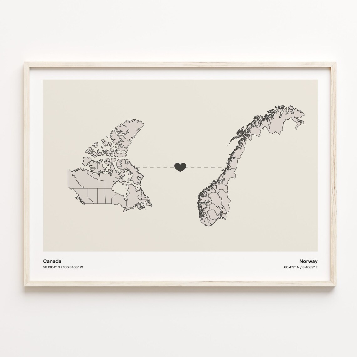 Canada Norway Heart Connection Map Minimalist Long Distance Gift Poster