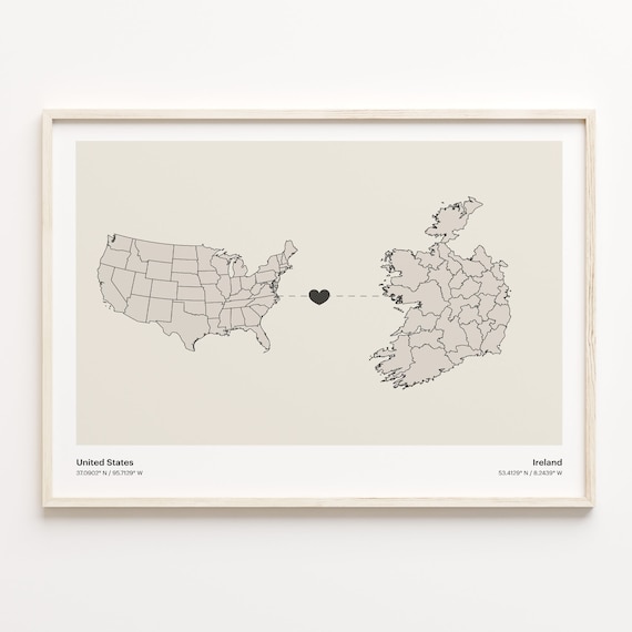 United States Ireland Long Distance Heart Connection Map Poster