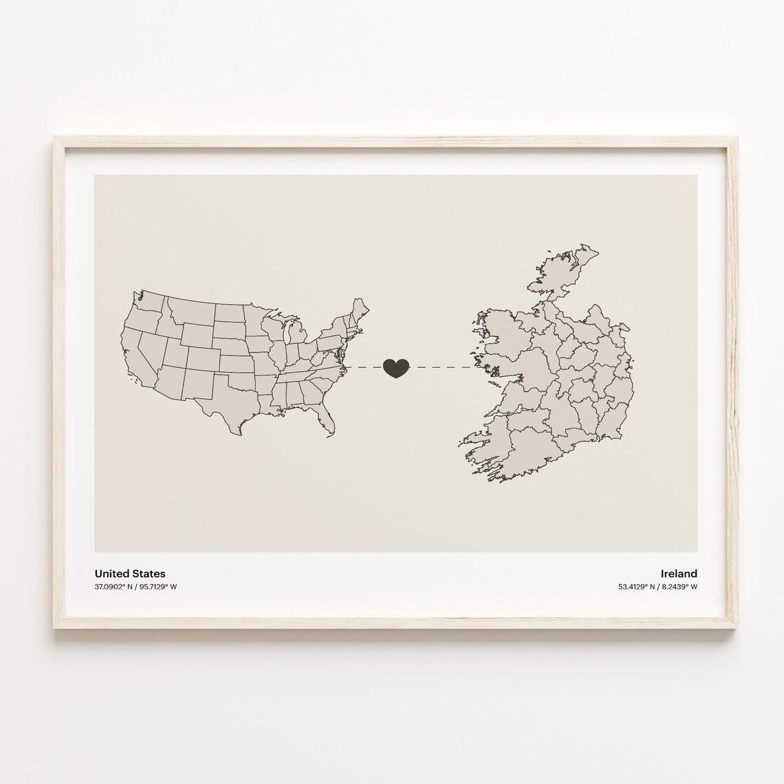 United States Ireland Long Distance Heart Connection Map Poster