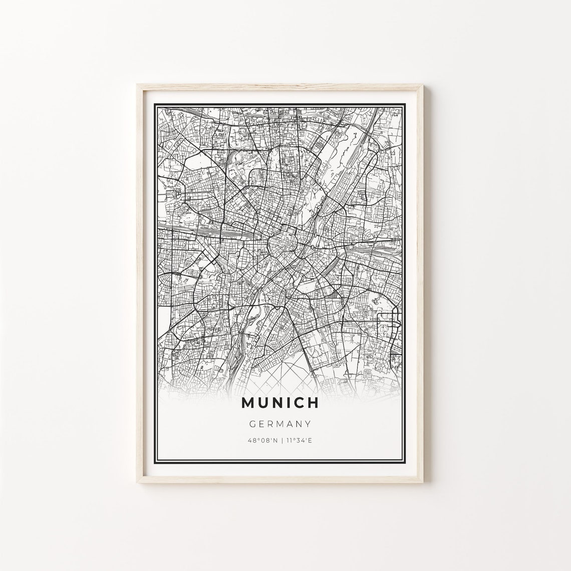 Munich Germany Black White Minimalist City Street Map Art Poster