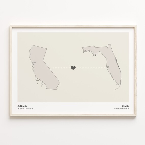California to Florida Long Distance Love Heart Connection Map Poster
