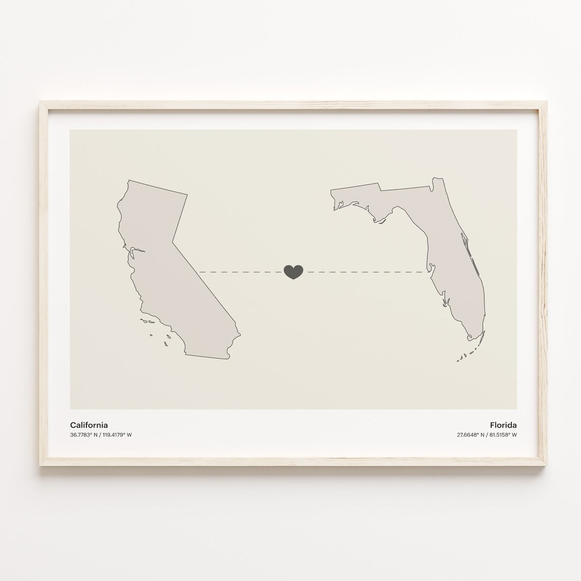 California to Florida Long Distance Love Heart Connection Map Poster