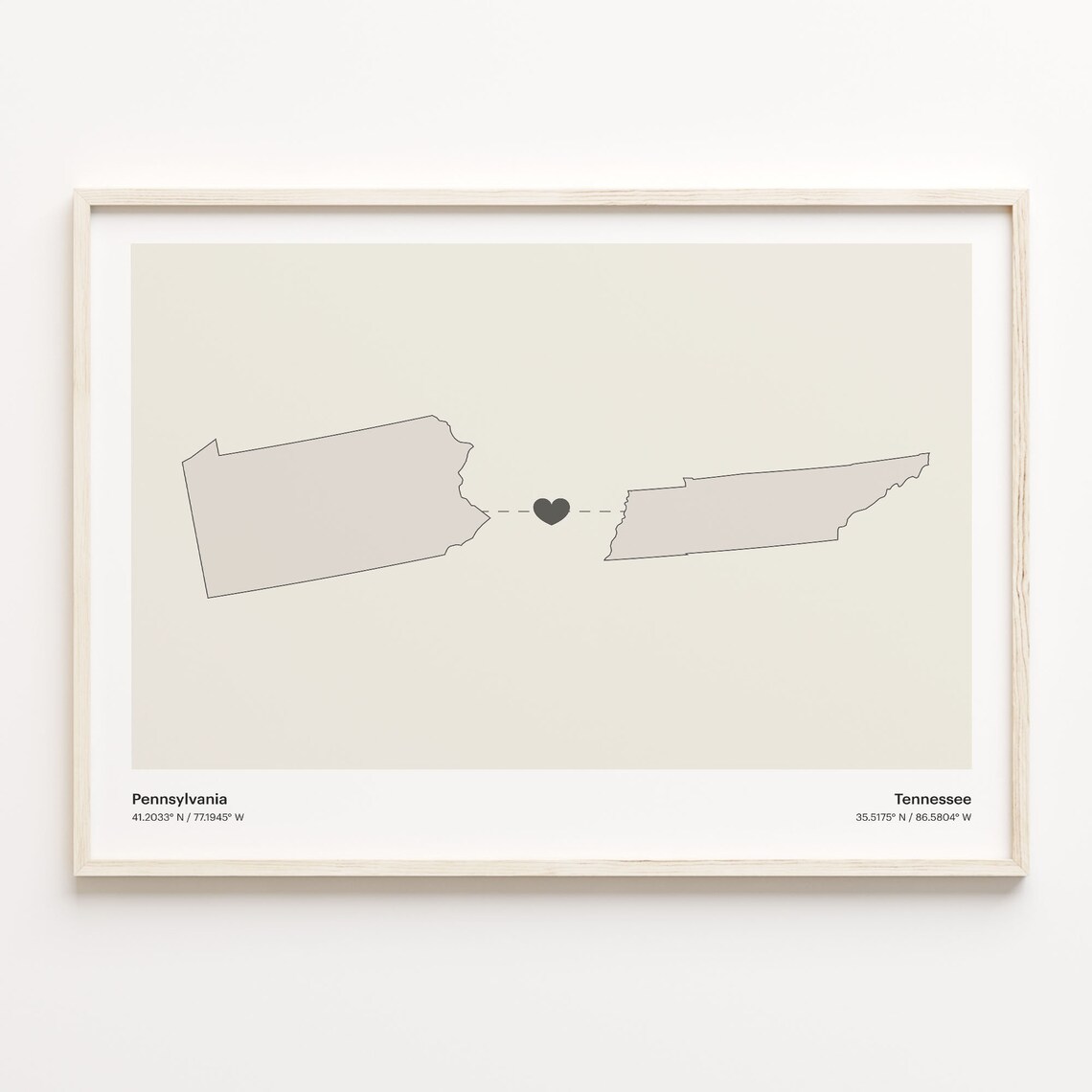 Pennsylvania To Tennessee Minimalist Map Heart Connection Poster