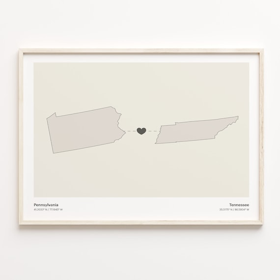 Pennsylvania To Tennessee Minimalist Map Heart Connection Poster