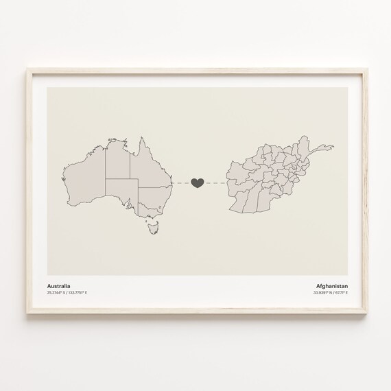 Australia to Afghanistan Minimalist Heart Connection Map Poster