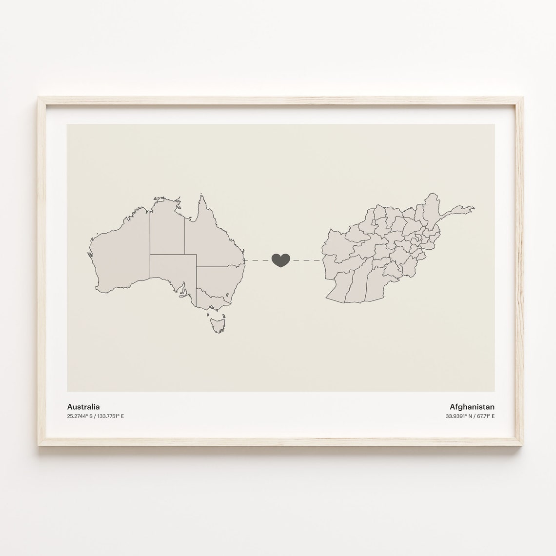 Australia to Afghanistan Minimalist Heart Connection Map Poster