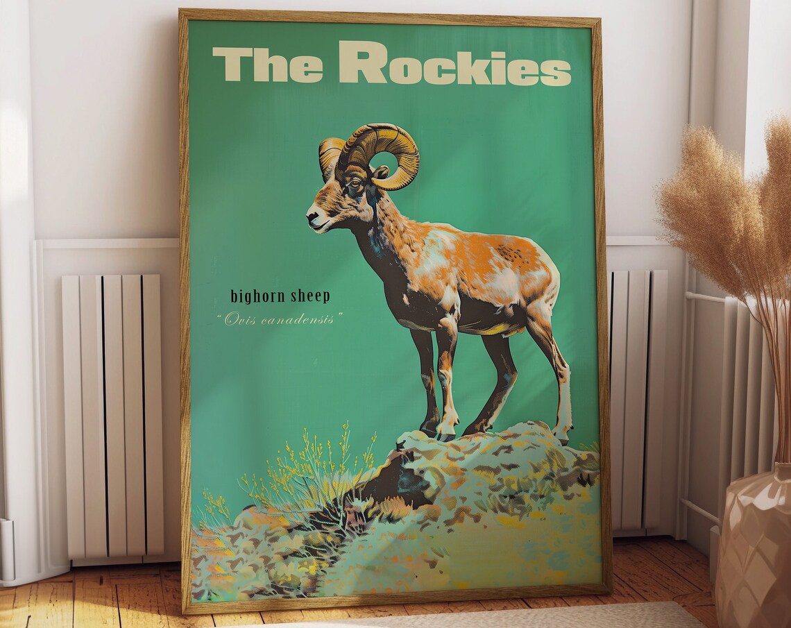 Vintage Bighorn Sheep Travel Poster, Rocky Mountains